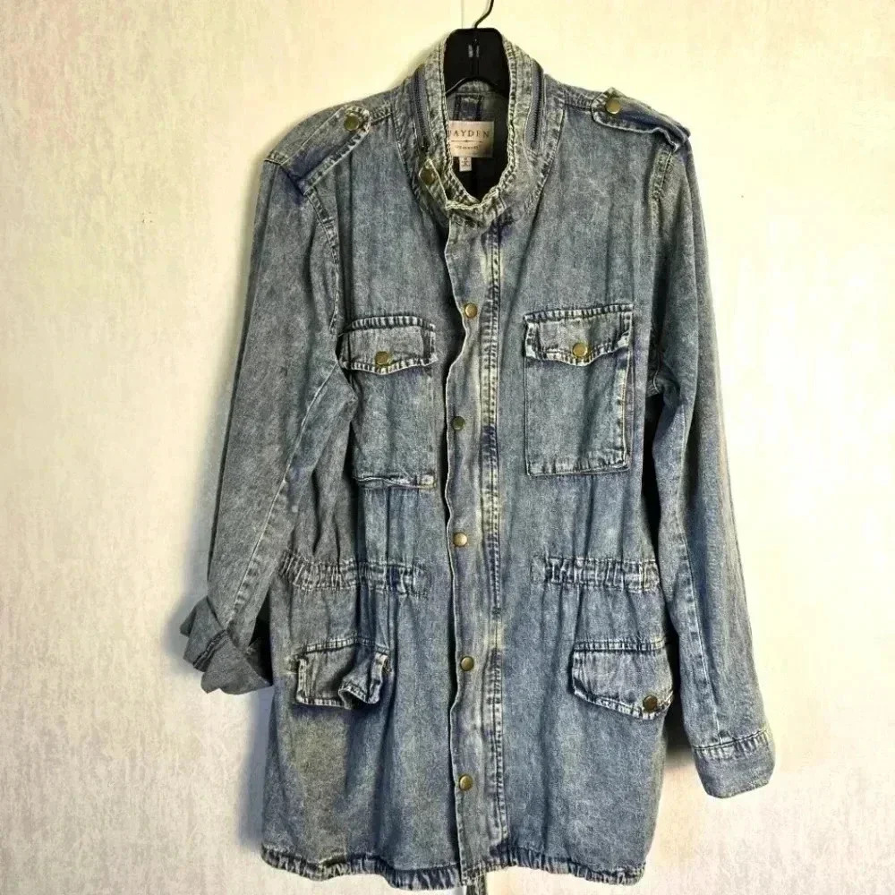 Hayden Los Angeles Women's Denim Jacket Medium Cinch Waist Cargo Blue Distressed